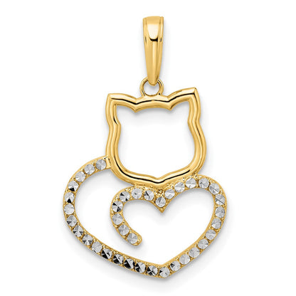 14K Gelbgold und Weißroditiniertes Gold mit Rhodinierung, diamantgeschliffener Katzen-Herz-Anhänger