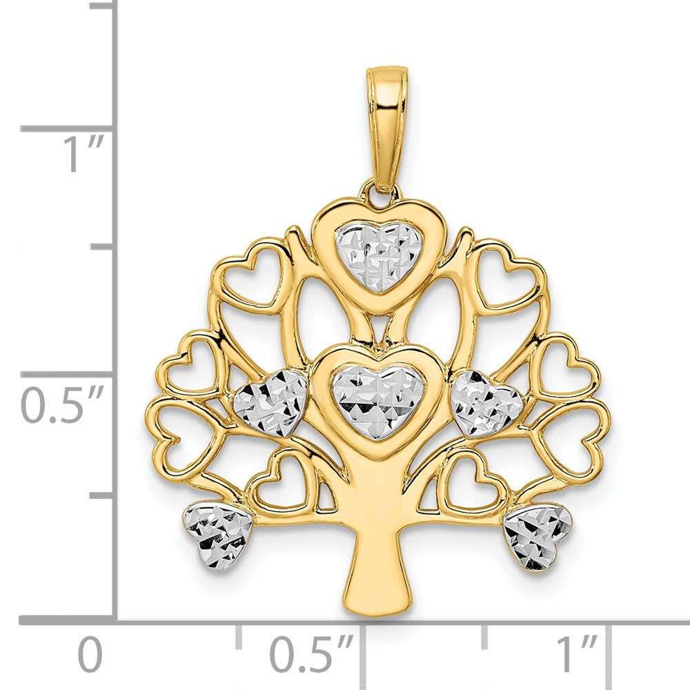 14K Gelbgold und Weißgold mit Rhodiumbeschichtung, diamantgeschliffener Baum-des-Lebens-Anhänger in Herzform