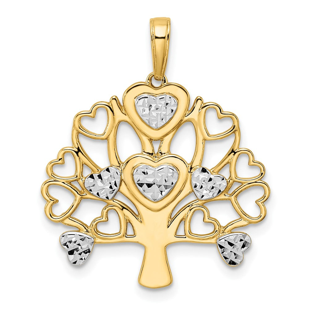 14K Gelbgold und Weißgold mit Rhodiumbeschichtung, diamantgeschliffener Baum-des-Lebens-Anhänger in Herzform