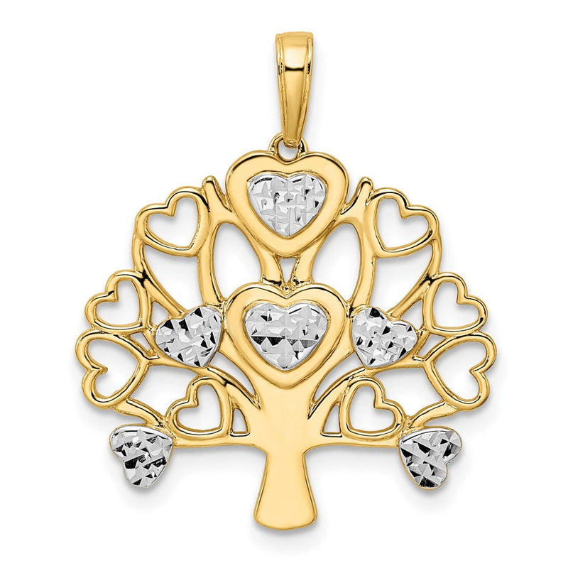 14K Gelbgold und Weißgold mit Rhodiumbeschichtung, diamantgeschliffener Baum-des-Lebens-Anhänger in Herzform