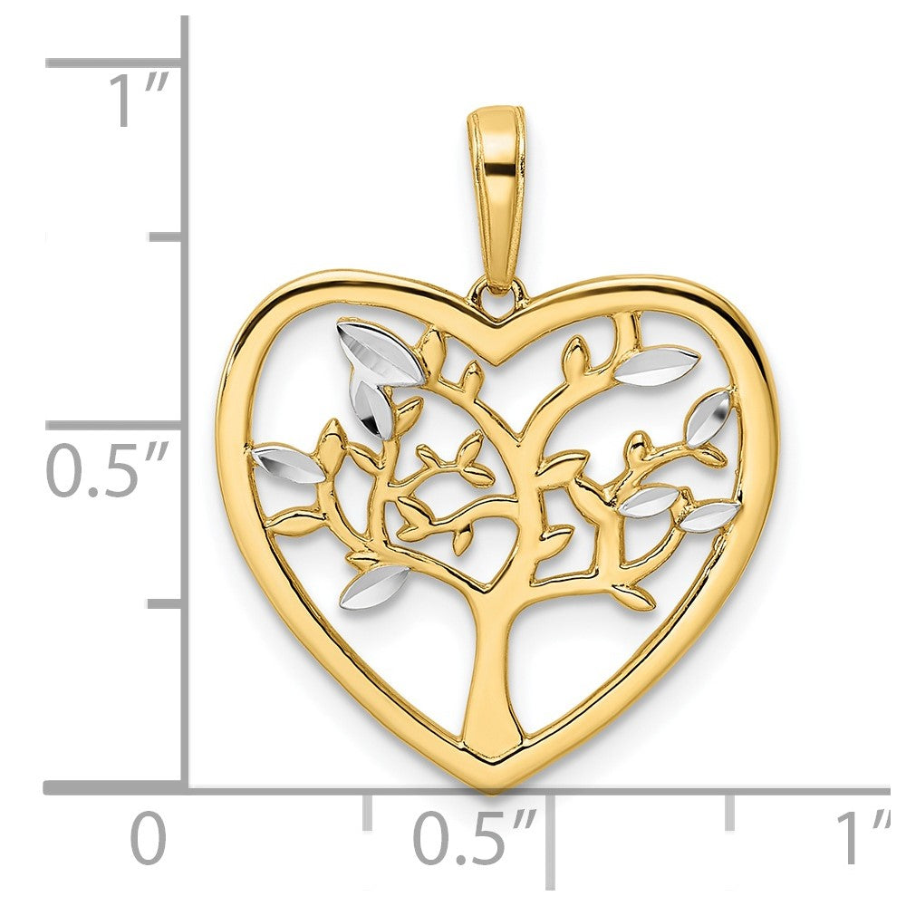 14K Gelb- und Rhodiumgold sowie Weißrhodium Diamant-geschnittener Baum-des-Lebens-Herz-Anhänger