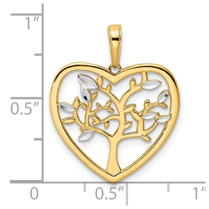 14K Gelb- und Rhodiumgold sowie Weißrhodium Diamant-geschnittener Baum-des-Lebens-Herz-Anhänger