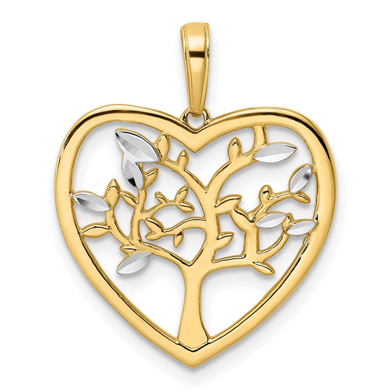 14K Gelb- und Rhodiumgold sowie Weißrhodium Diamant-geschnittener Baum-des-Lebens-Herz-Anhänger