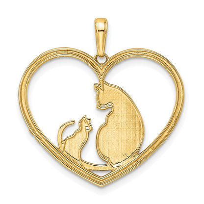 14K Gelb- und Rhodiumgold sowie Weißrhodium Diamantgeschliffener Katze-und-Kätzchen-Anhänger im Herz