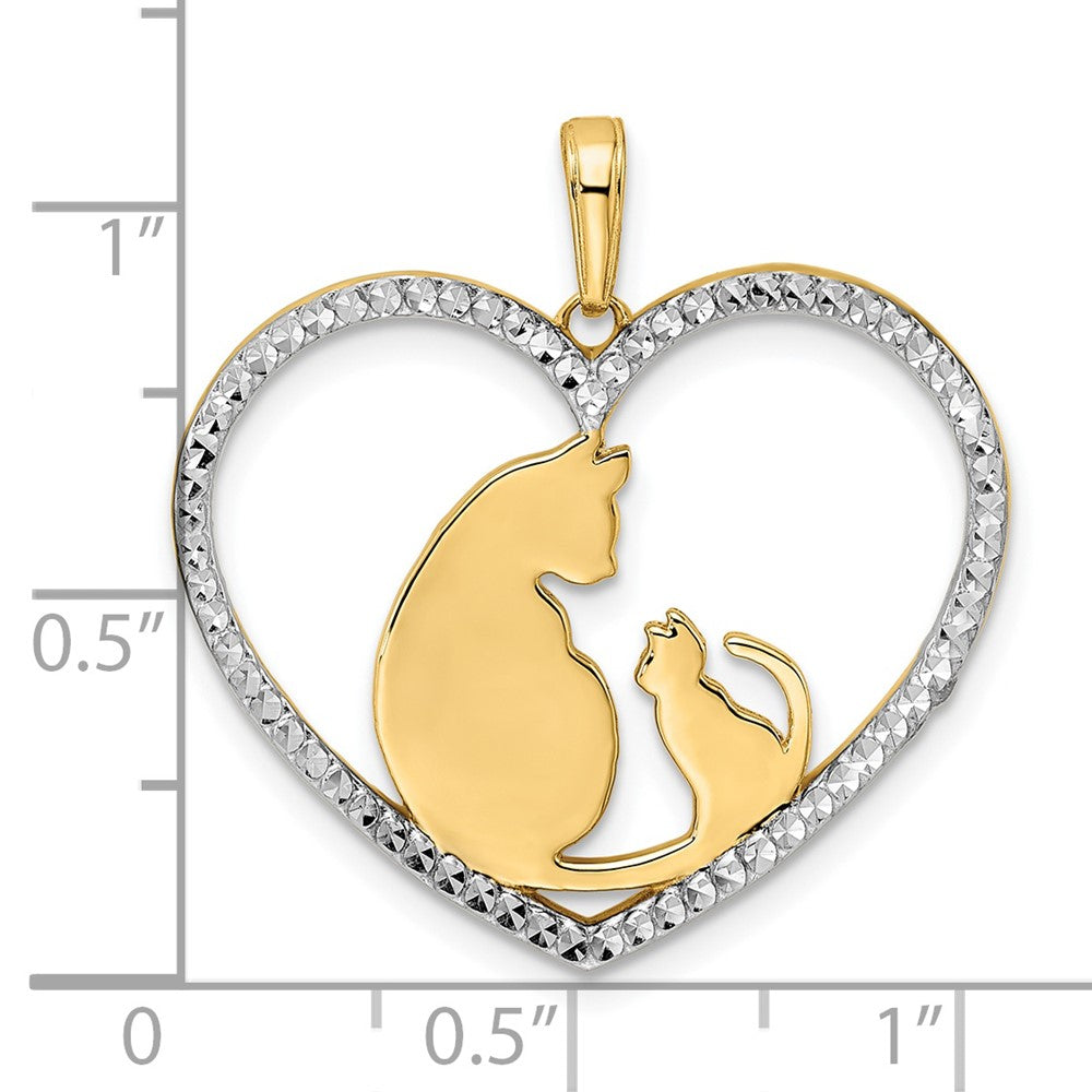 14K Gelb- und Rhodiumgold sowie Weißrhodium Diamantgeschliffener Katze-und-Kätzchen-Anhänger im Herz