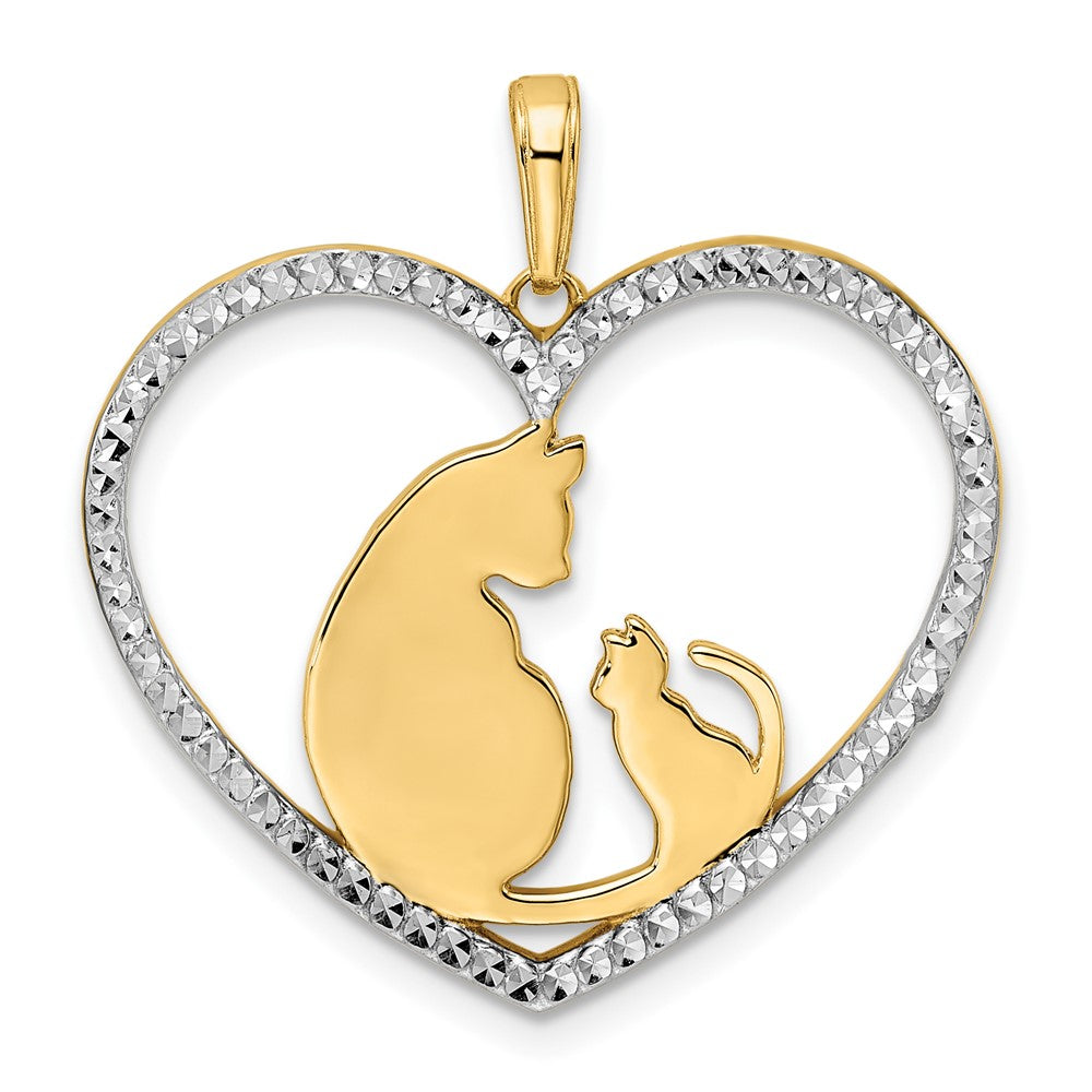 14K Gelb- und Rhodiumgold sowie Weißrhodium Diamantgeschliffener Katze-und-Kätzchen-Anhänger im Herz