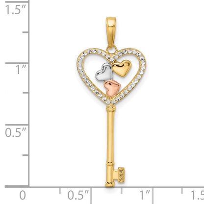 14K Gelb- und Rhodiumgold-Schlüsselanhänger mit diamantierten Herzen in Weiß- und Rosé-Rhodium