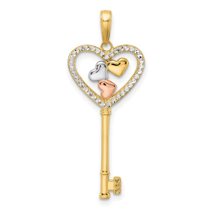 14K Gelb- und Rhodiumgold-Schlüsselanhänger mit diamantierten Herzen in Weiß- und Rosé-Rhodium