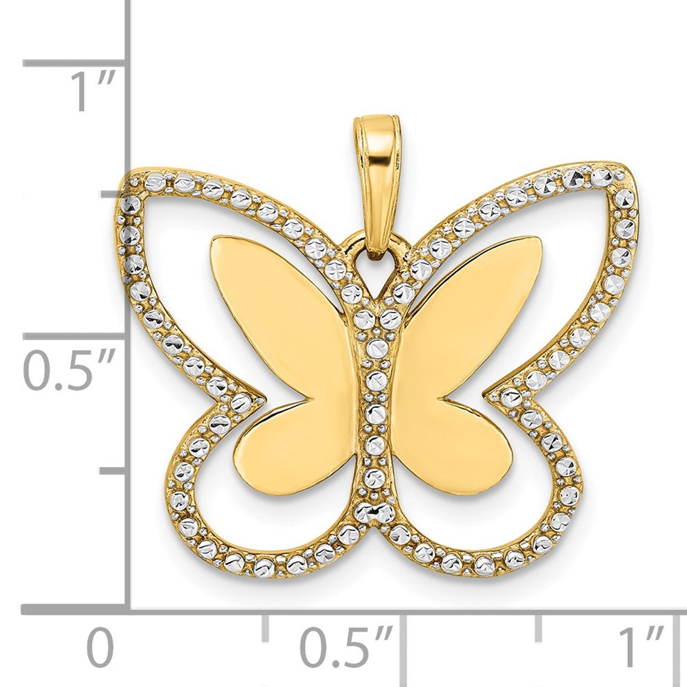 14K Gelb- und Rhodiumgold sowie Weißrhodium Diamantgeschliffener Schmetterlings-Anhänger