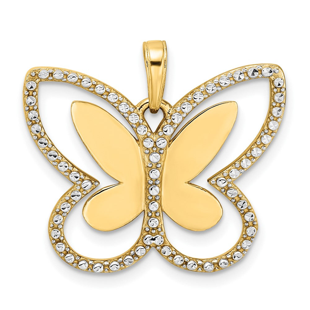 14K Gelb- und Rhodiumgold sowie Weißrhodium Diamantgeschliffener Schmetterlings-Anhänger