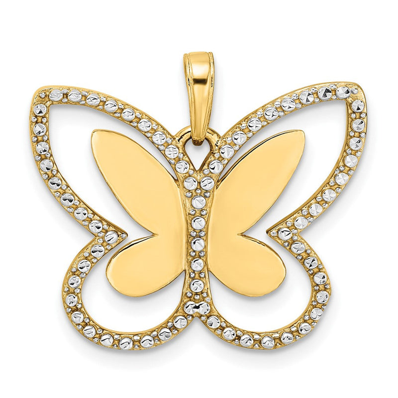 14K Gelb- und Rhodiumgold sowie Weißrhodium Diamantgeschliffener Schmetterlings-Anhänger