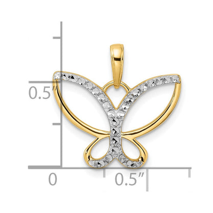 14 Karat Gelbgold und Rhodium mit Weißrhodium, diamantgeschliffener Schmetterlings-Anhänger