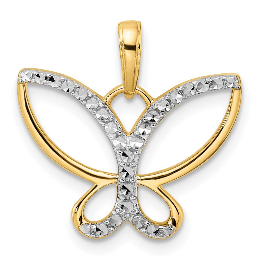 14 Karat Gelbgold und Rhodium mit Weißrhodium, diamantgeschliffener Schmetterlings-Anhänger