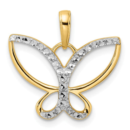 14 Karat Gelbgold und Rhodium mit Weißrhodium, diamantgeschliffener Schmetterlings-Anhänger