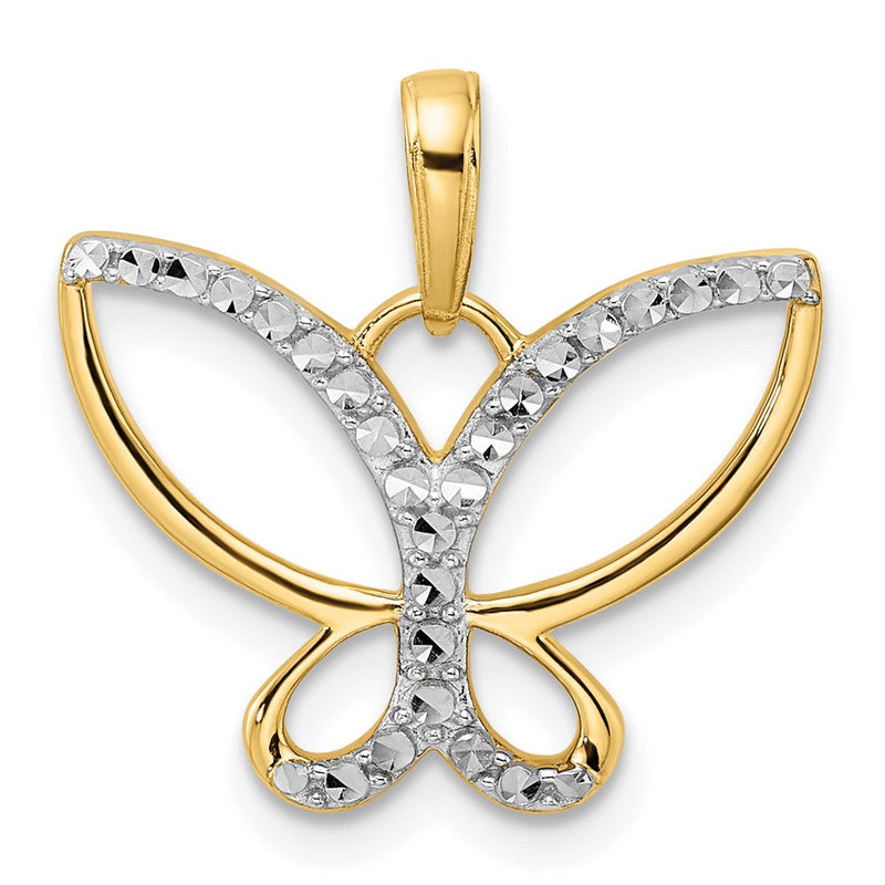 14 Karat Gelbgold und Rhodium mit Weißrhodium, diamantgeschliffener Schmetterlings-Anhänger