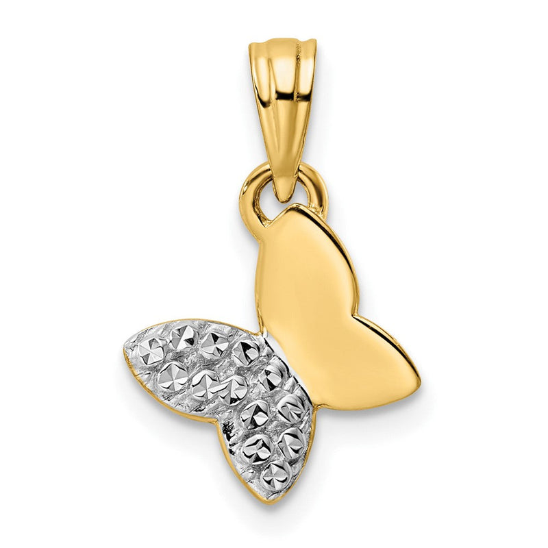 14K Gelb- und Weißgold mit weißem Rhodium, halb diamantgeschliffener Schmetterlings-Anhänger