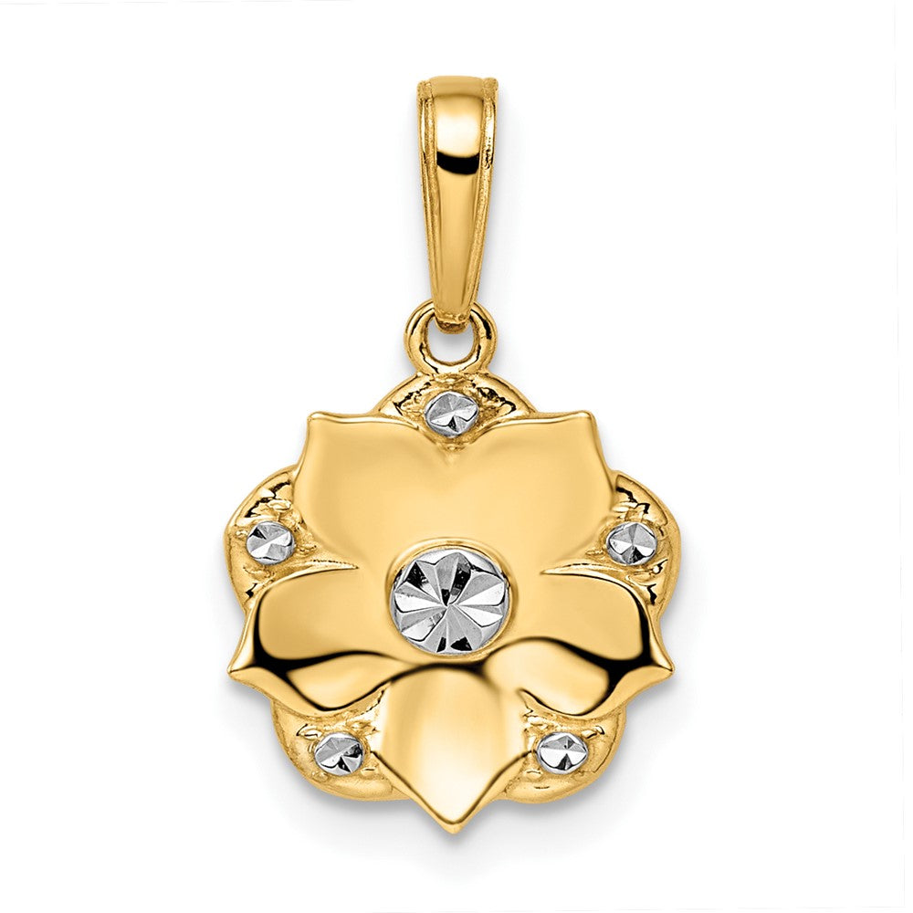 14 Karat Gelb- und Rhodiumgold sowie Weißrhodium Diamant-geschliffener Blumen-Anhänger