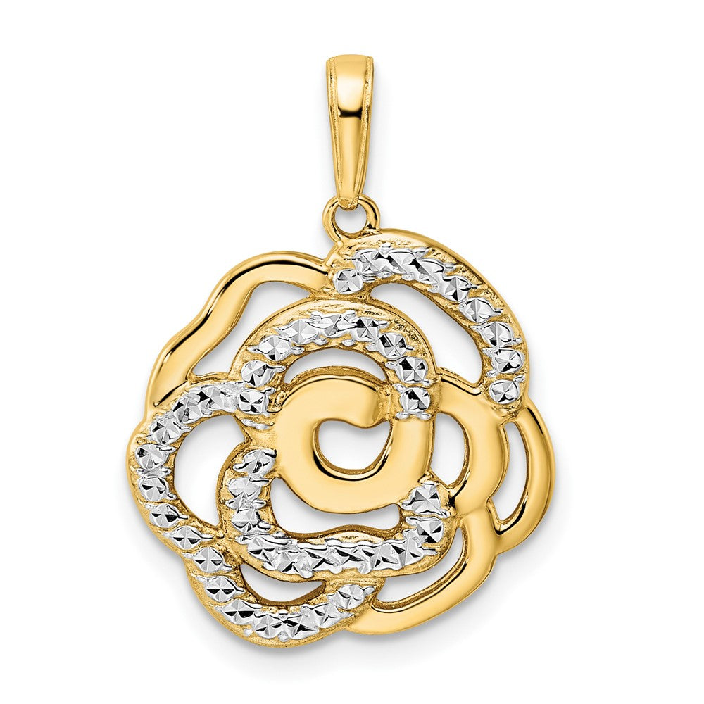 14 Karat Gelb- und Rhodiumgold sowie Weißrhodium Diamantgeschliffener Blumen-Anhänger