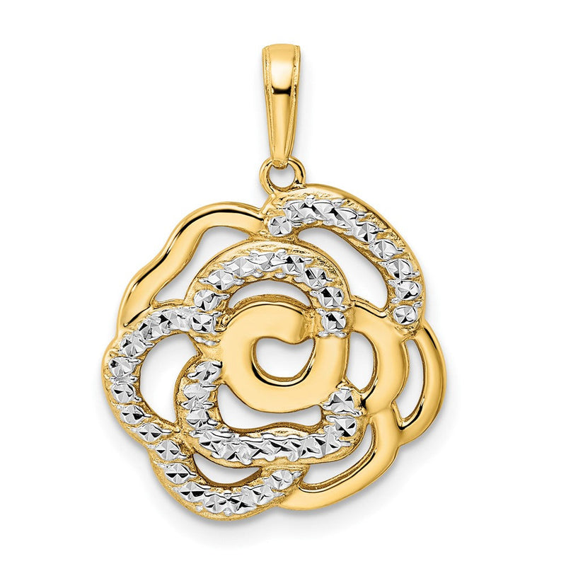14 Karat Gelb- und Rhodiumgold sowie Weißrhodium Diamantgeschliffener Blumen-Anhänger