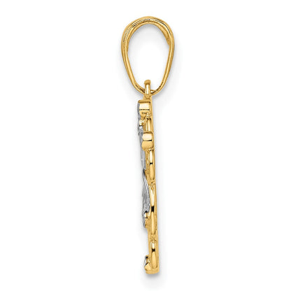 14 Karat Gelb- und Rhodium-Gold sowie Weißrhodium Diamantgeschliffener Blumen-Anhänger