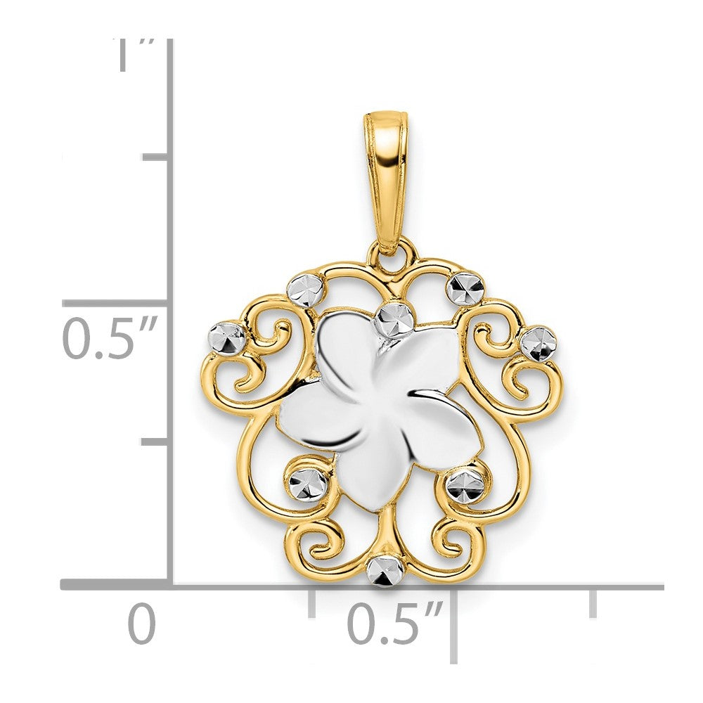 14 Karat Gelb- und Rhodium-Gold sowie Weißrhodium Diamantgeschliffener Blumen-Anhänger