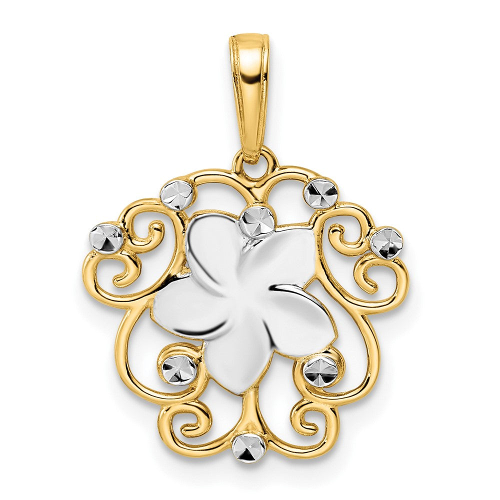 14 Karat Gelb- und Rhodium-Gold sowie Weißrhodium Diamantgeschliffener Blumen-Anhänger