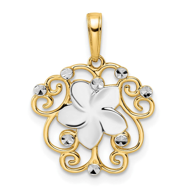14 Karat Gelb- und Rhodium-Gold sowie Weißrhodium Diamantgeschliffener Blumen-Anhänger