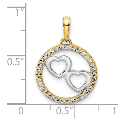 14K Gelb- und Rhodiumgold sowie Weißrhodium Diamant-geschliffene Herzen im Kreis Anhänger