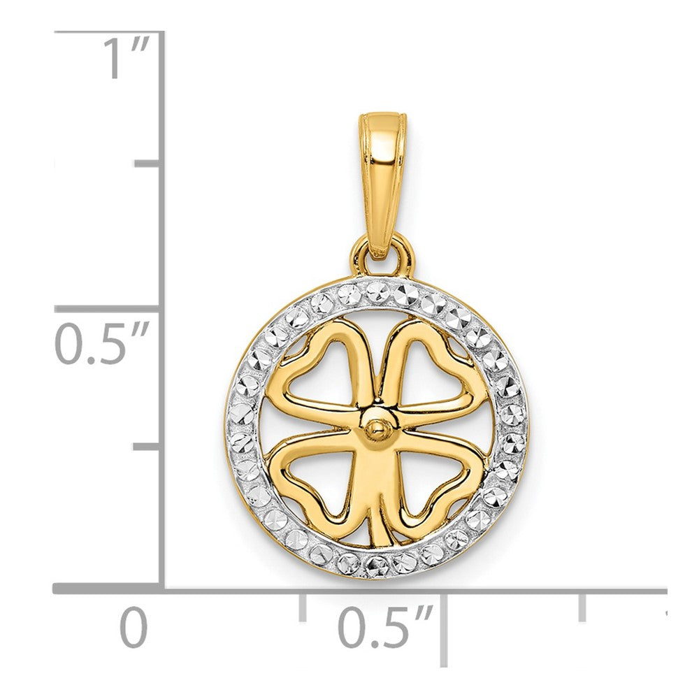 14K Gelbgold & Rhodium-Gold mit Weißrhodium, diamantierter Vierblättriges-Kleeblatt-Anhänger