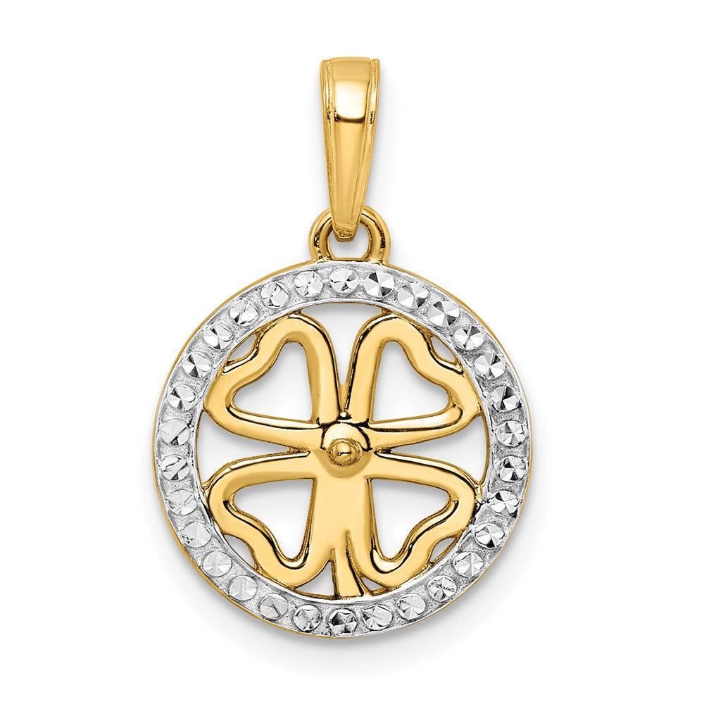 14K Gelbgold & Rhodium-Gold mit Weißrhodium, diamantierter Vierblättriges-Kleeblatt-Anhänger