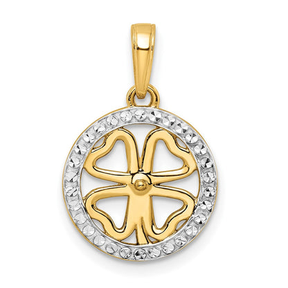 14K Gelbgold & Rhodium-Gold mit Weißrhodium, diamantierter Vierblättriges-Kleeblatt-Anhänger