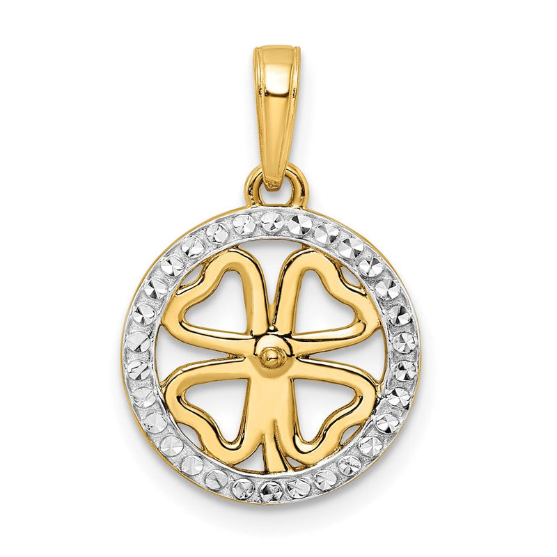14K Gelbgold & Rhodium-Gold mit Weißrhodium, diamantierter Vierblättriges-Kleeblatt-Anhänger