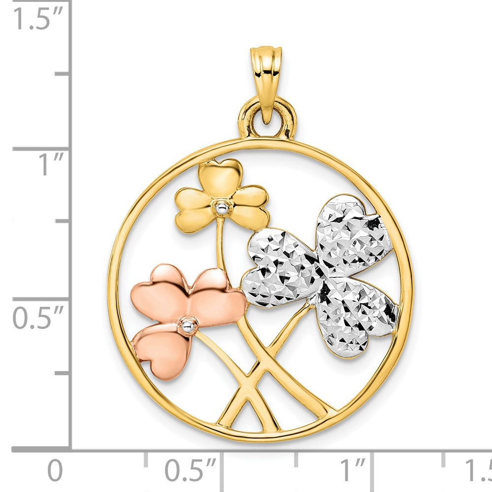 14K Gelbgold mit Rhodium, Weiß- und Rosérhodium, diamantierte Kleeblätter Kreis-Anhänger
