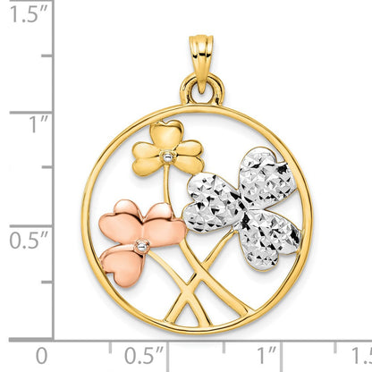 14K Gelbgold mit Rhodium, Weiß- und Rosérhodium, diamantierte Kleeblätter Kreis-Anhänger