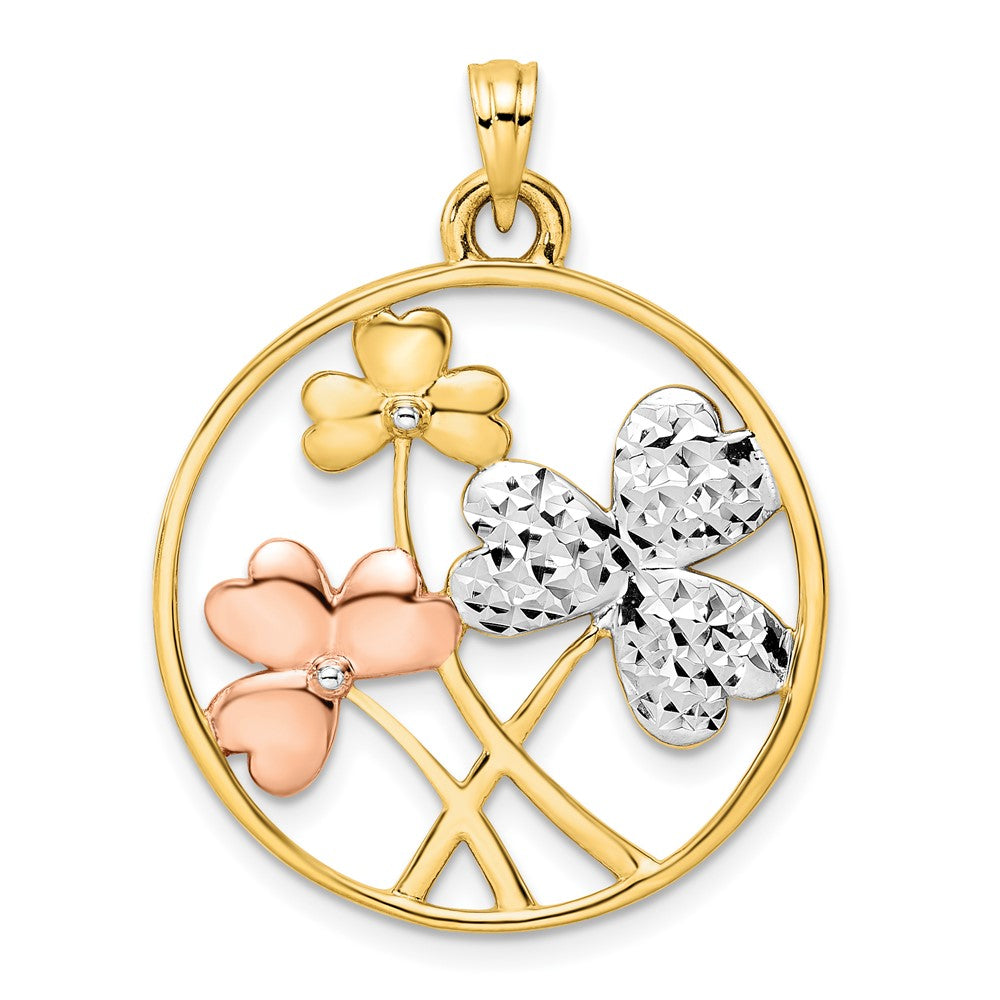 14K Gelbgold mit Rhodium, Weiß- und Rosérhodium, diamantierte Kleeblätter Kreis-Anhänger