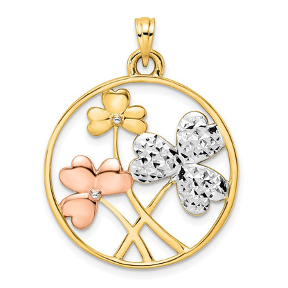 14K Gelbgold mit Rhodium, Weiß- und Rosérhodium, diamantierte Kleeblätter Kreis-Anhänger