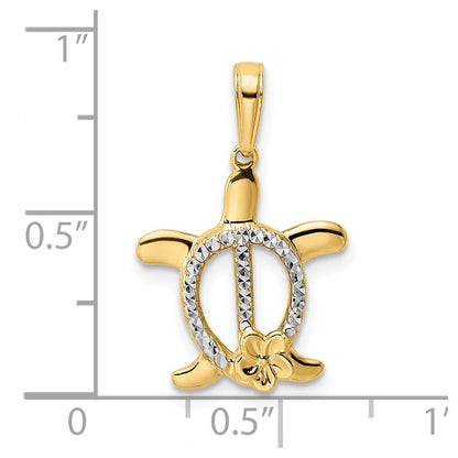 14K Gelb- und Rhodium-Gold und Weißrhodium Diamantgeschliffene Schildkröte mit Blume Anhänger