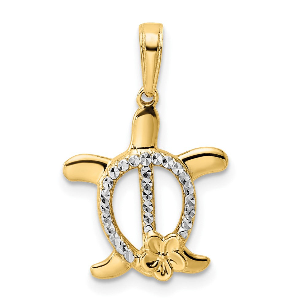 14K Gelb- und Rhodium-Gold und Weißrhodium Diamantgeschliffene Schildkröte mit Blume Anhänger