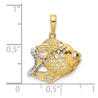 14K Gelb- und Rhodium-Gold sowie Weiß-Rhodium diamantbeschliffener Fisch-Anhänger