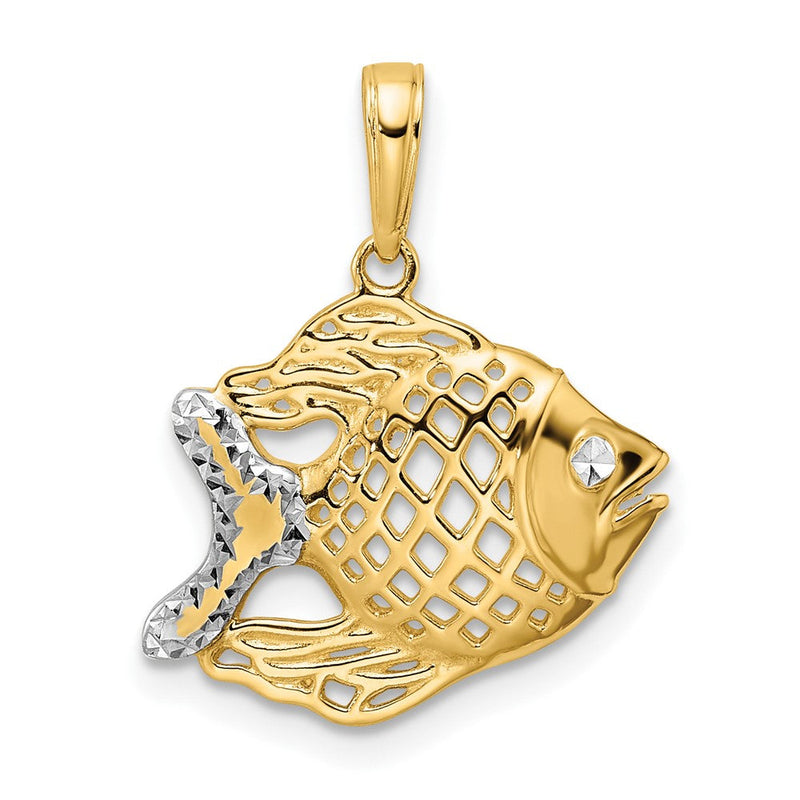 14K Gelb- und Rhodium-Gold sowie Weiß-Rhodium diamantbeschliffener Fisch-Anhänger