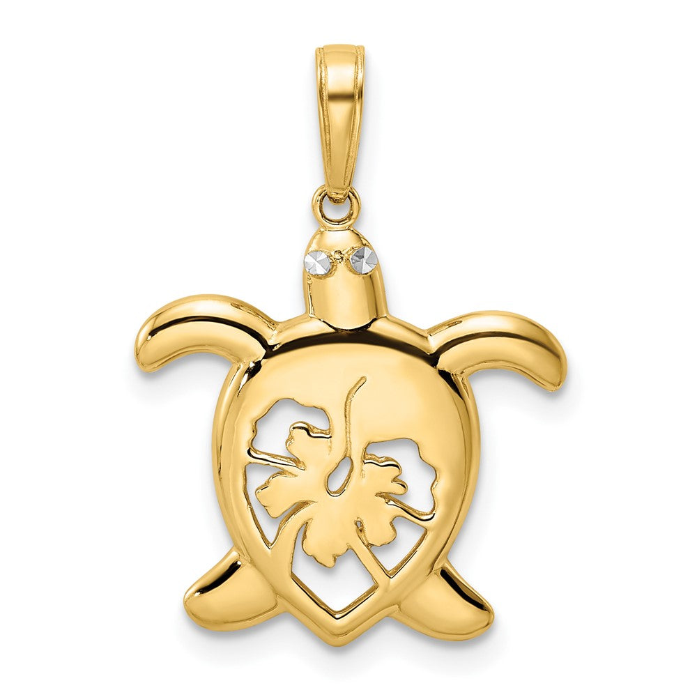 14K Gelbgold und Weißrhodium mit Rhodium, diamantgeschliffener Blumen-Schildkröten-Anhänger