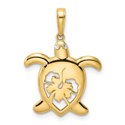 14K Gelbgold und Weißrhodium mit Rhodium, diamantgeschliffener Blumen-Schildkröten-Anhänger