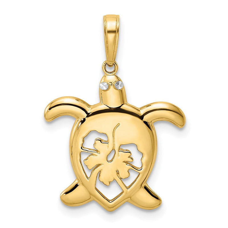 14K Gelbgold und Weißrhodium mit Rhodium, diamantgeschliffener Blumen-Schildkröten-Anhänger