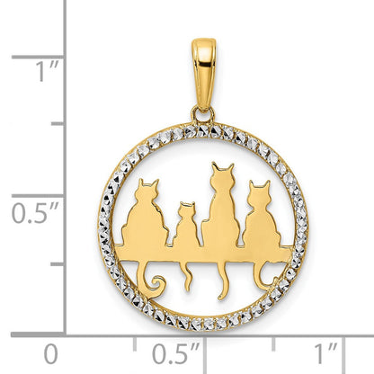 14K Gelbgold und Rhodium sowie Weißrhodium, diamantgeschliffener Anhänger „Katzen sitzen auf Bank“