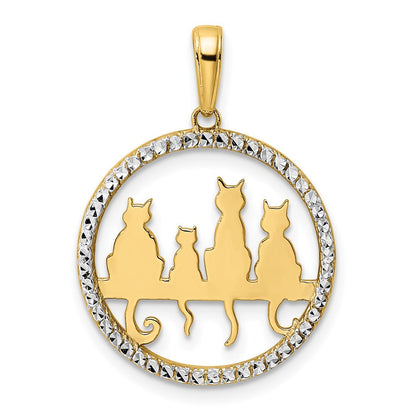 14K Gelbgold und Rhodium sowie Weißrhodium, diamantgeschliffener Anhänger „Katzen sitzen auf Bank“