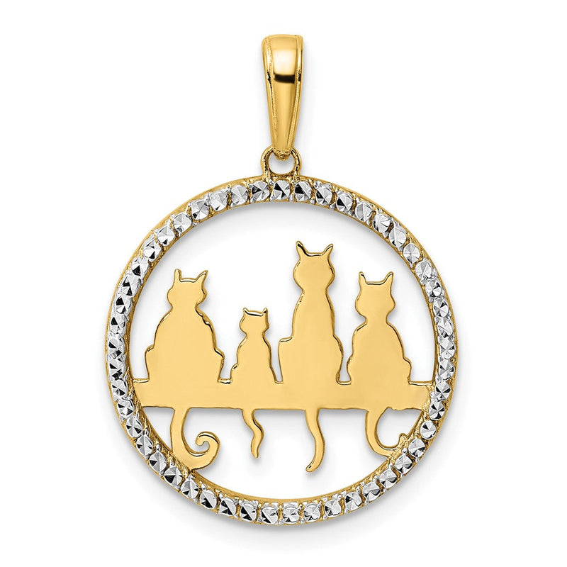 14K Gelbgold und Rhodium sowie Weißrhodium, diamantgeschliffener Anhänger „Katzen sitzen auf Bank“