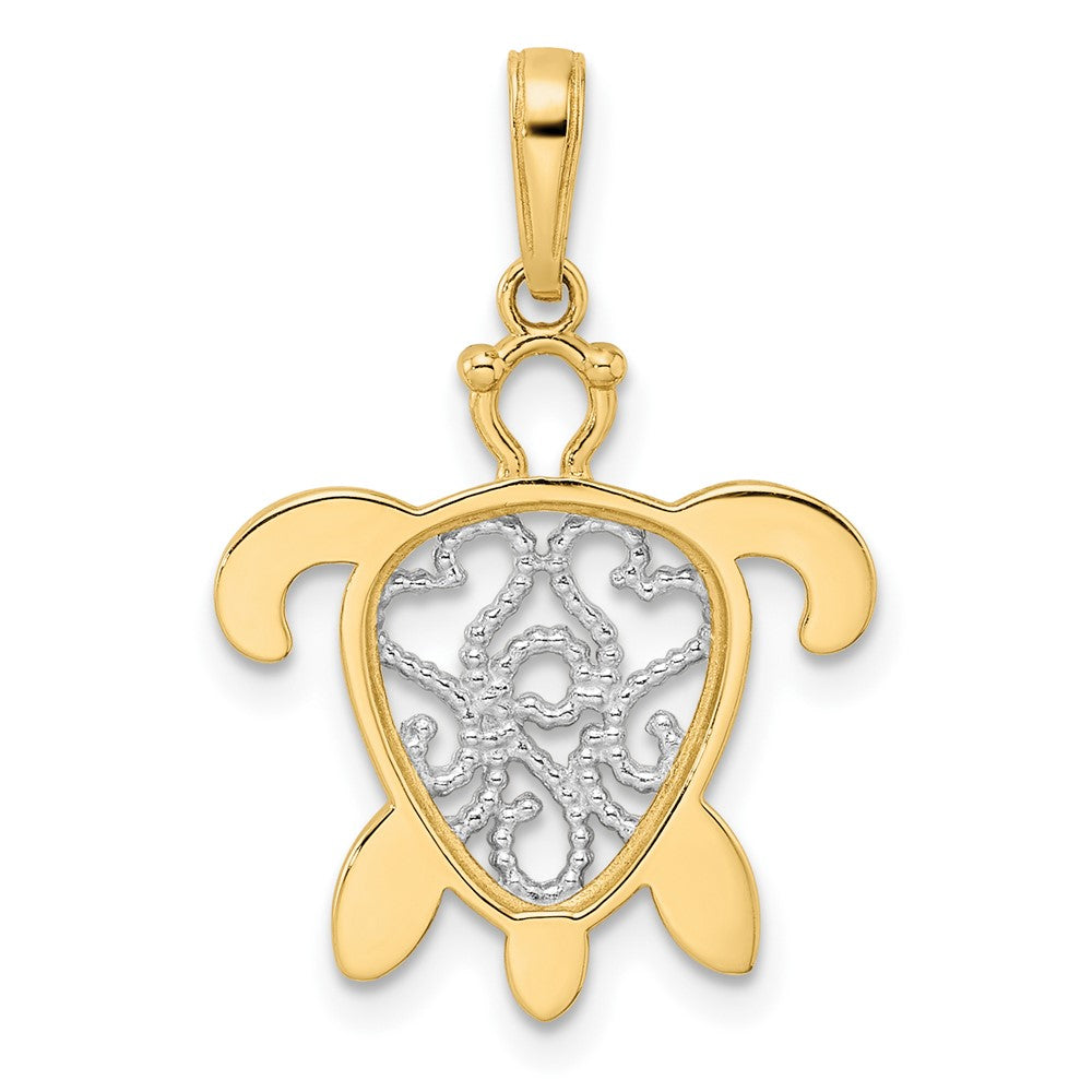14K Gelb- und Rhodiumgold sowie Weißrhodium Diamantgeschliffener Filigraner Schildkröten-Anhänger