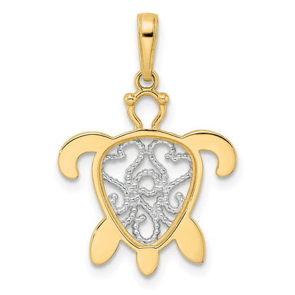 14K Gelb- und Rhodiumgold sowie Weißrhodium Diamantgeschliffener Filigraner Schildkröten-Anhänger