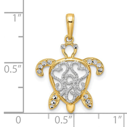 14K Gelb- und Rhodiumgold sowie Weißrhodium Diamantgeschliffener Filigraner Schildkröten-Anhänger