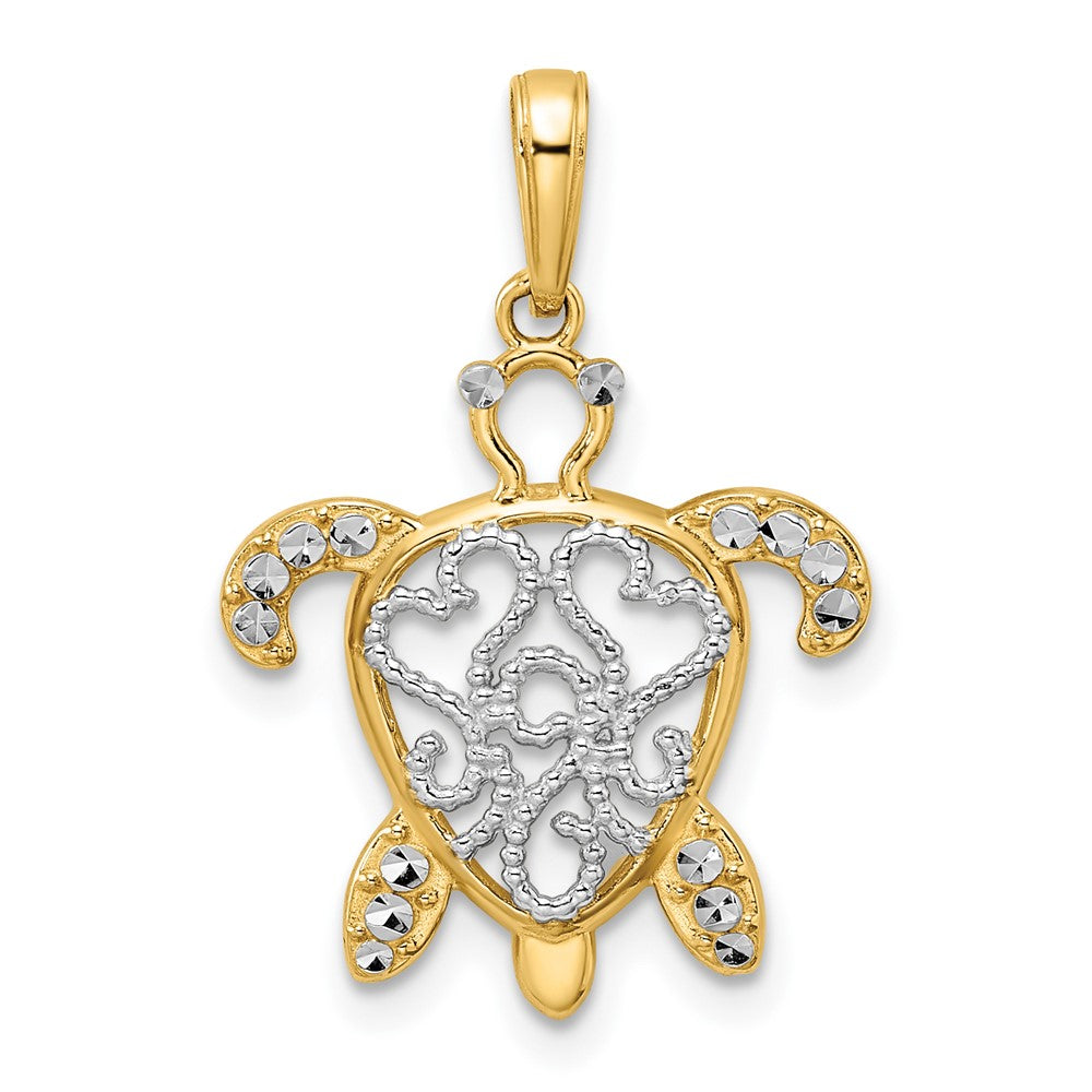 14K Gelb- und Rhodiumgold sowie Weißrhodium Diamantgeschliffener Filigraner Schildkröten-Anhänger